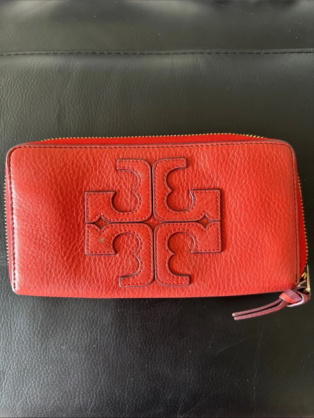 Tory Burch Red Pebbled Leather Zip Wallet with Logo